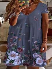 Floral Print V Neck Tee Dress