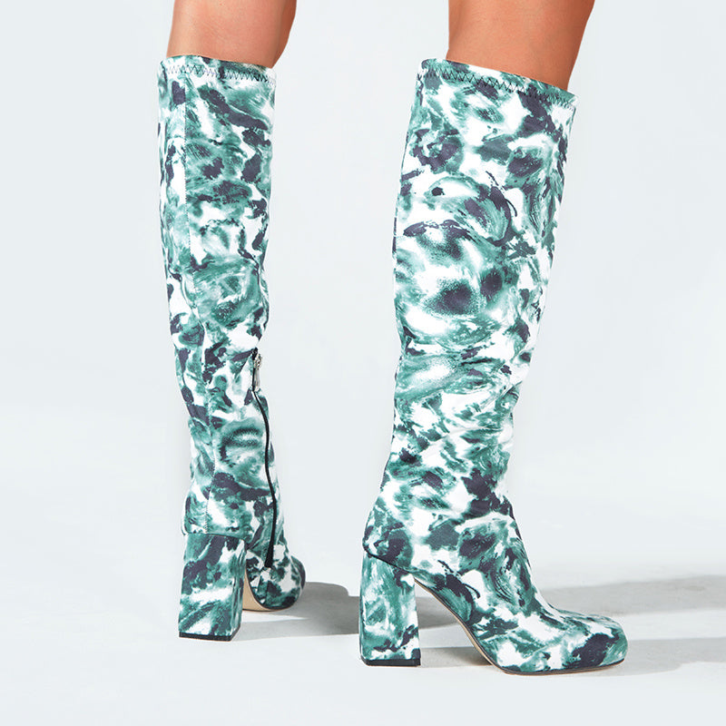 Marble Print High Heel Knee-High Boots