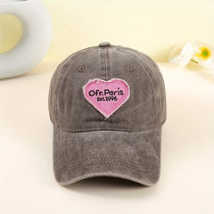 Paris Embroidery Baseball Cap Gray Heart Patch Distressed Dad Hat