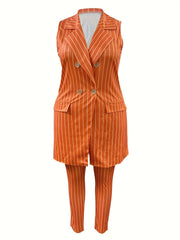 Striped Double Button Vest Coat & Pants 2 Piece Set