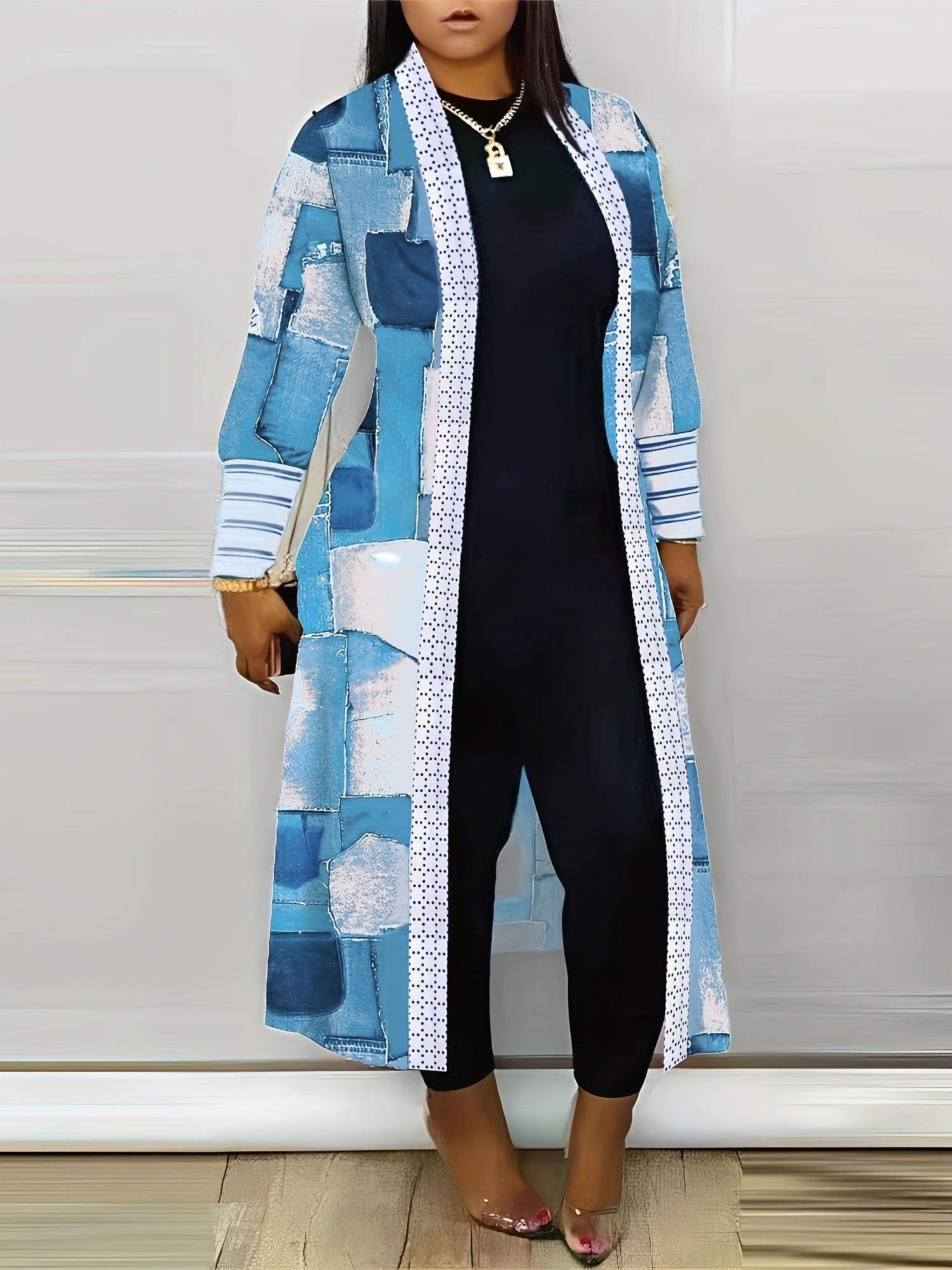 Denim Print Patchwork Knitted Cardigan Long Sleeve Outwear