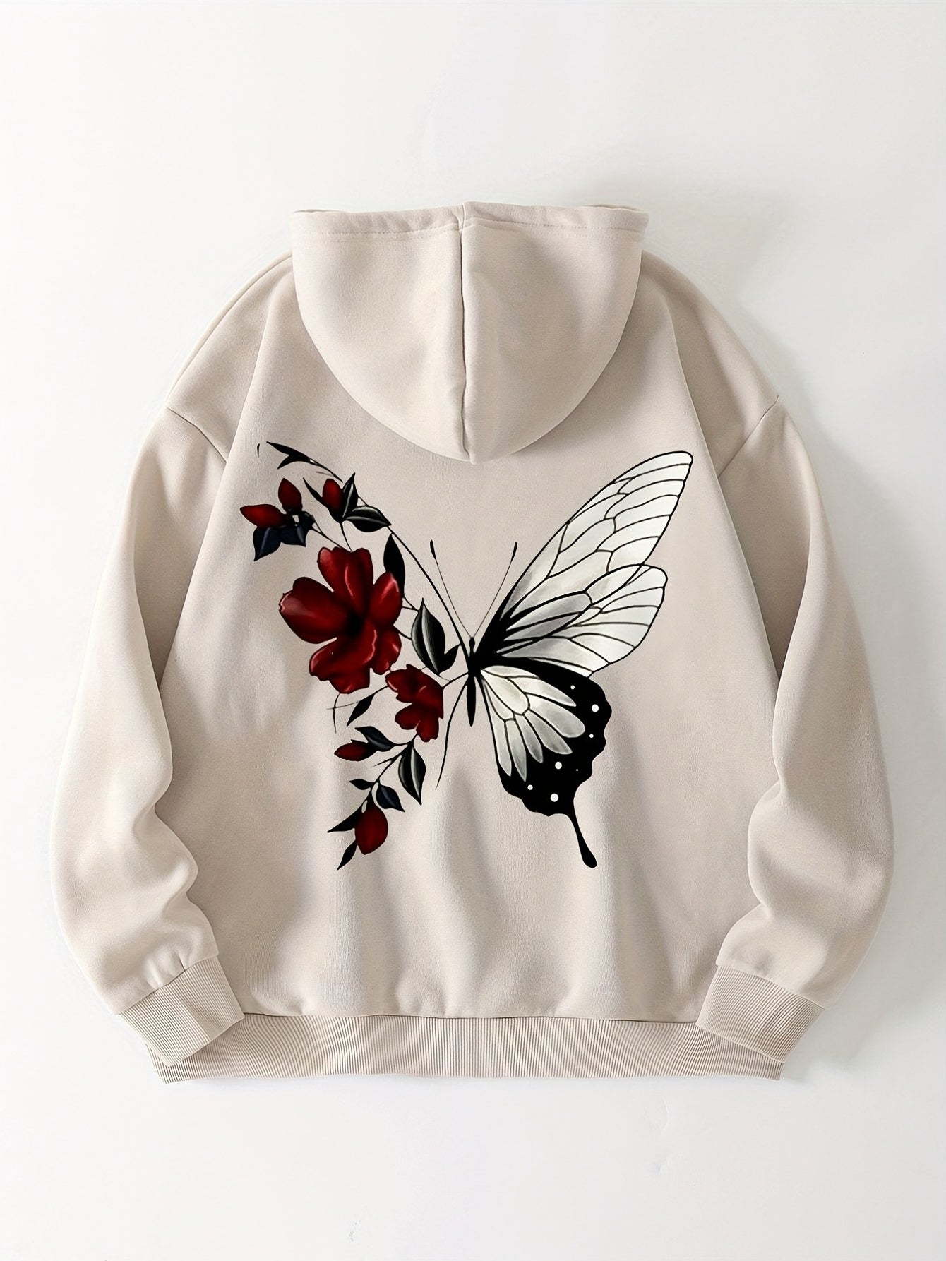 Butterfly Drawstring Hooded Shirt Solid Long Sleeve Sweater