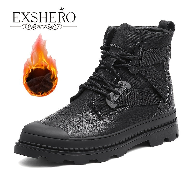 EXSHERO Men's Leather Snow Boots Warm Cotton Comfortable Anti skid Winter