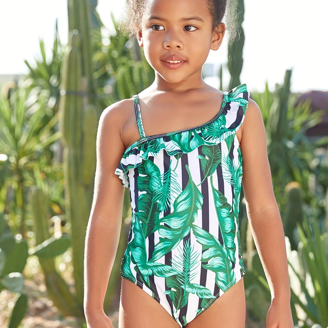 Girls Leaf Stripes One piece Swimsuit Ruffle Trim Beach Clothes