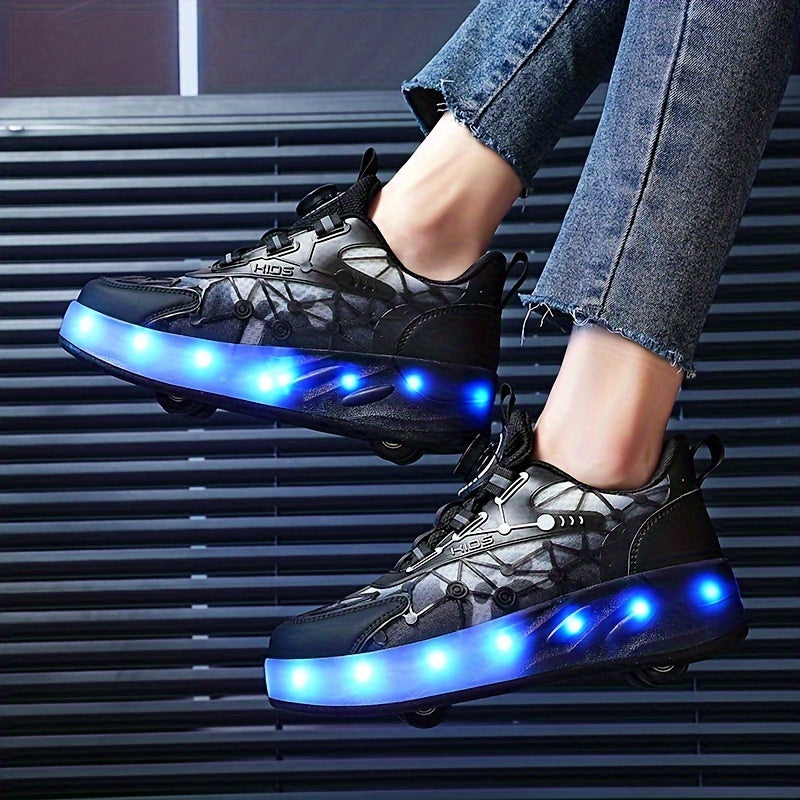 Girl's LED Roller Shoes with Rotating Buckle - Detachable Wheel Skate Sneakers
