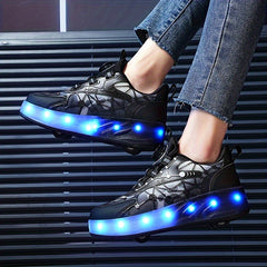 Girl's LED Roller Shoes with Rotating Buckle - Detachable Wheel Skate Sneakers