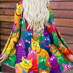 Cat Print Long Sleeve Open Front Cardigan