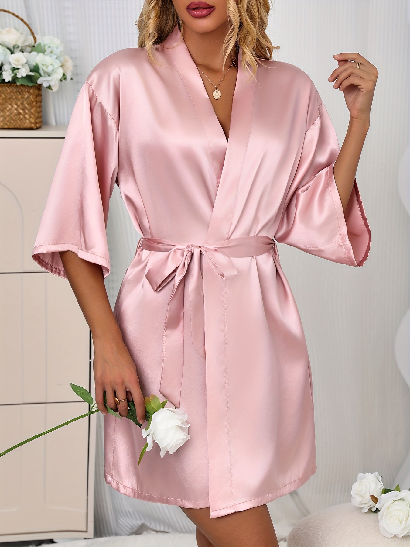 Satin V-Neck Robe Half Sleeve Nightwear With Belt