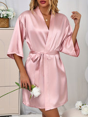 Satin V-Neck Robe Half Sleeve Nightwear With Belt
