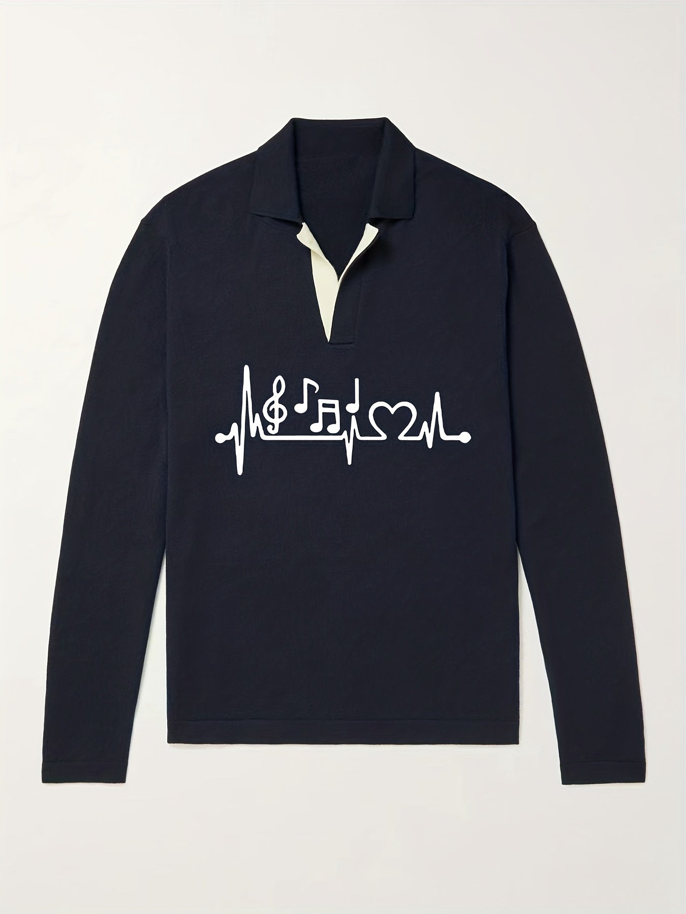 Music Note Pattern Knit Polo Shirt Men's Casual Lapel Pullover Sweater