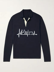Music Note Pattern Knit Polo Shirt Men's Casual Lapel Pullover Sweater