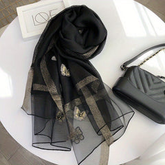 Plaid Pattern Scarf Butterfly & Faux Pearl Decor Shawl Wrap Head Wrap