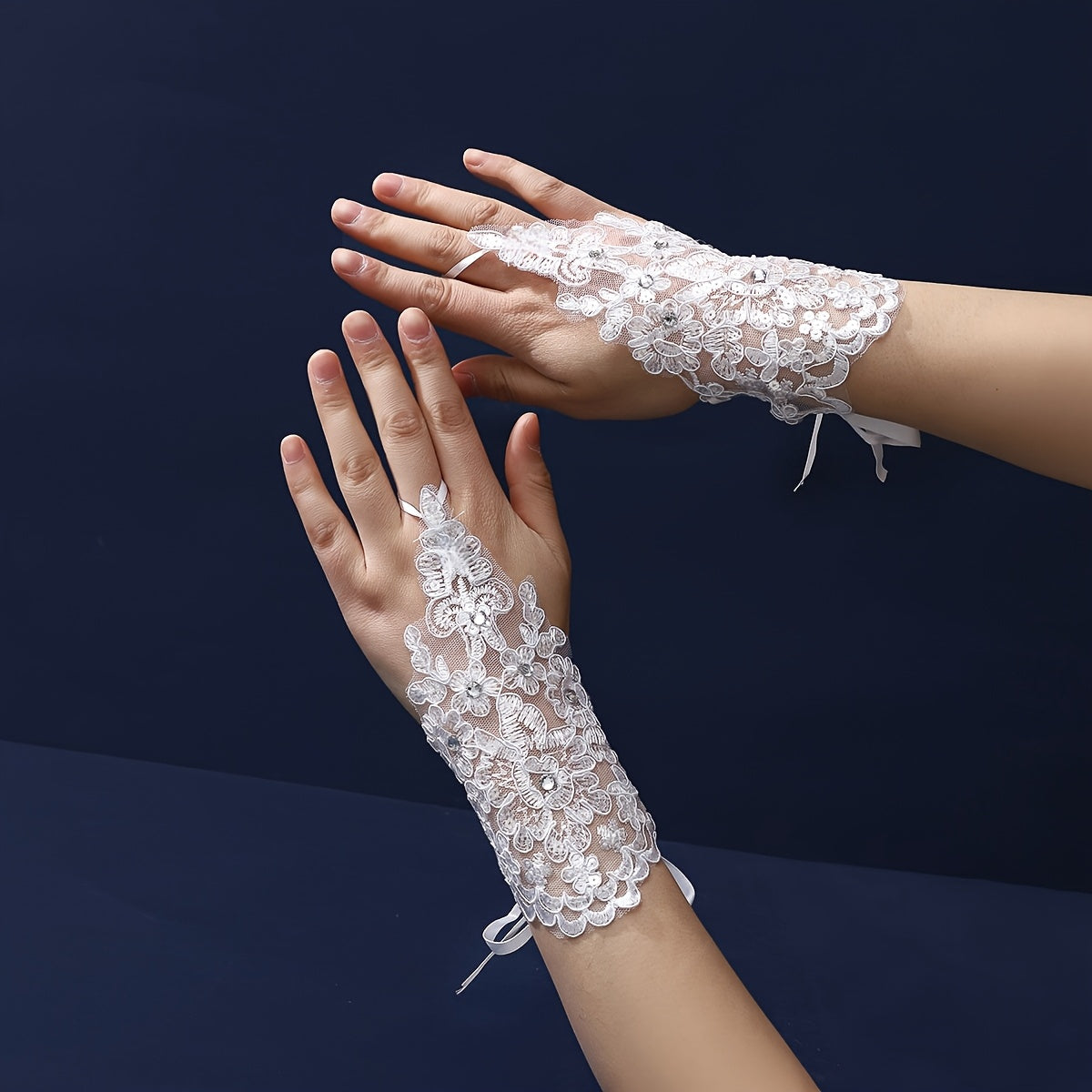 Pisiano Lace Up Gloves with Rhinestones and Sequins Fingerless Bridal Gloves