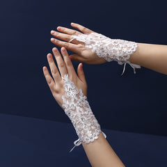 Pisiano Lace Up Gloves with Rhinestones and Sequins Fingerless Bridal Gloves