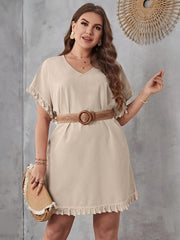 Solid Tassel Trim Batwing Sleeve V Neck Loose Dress