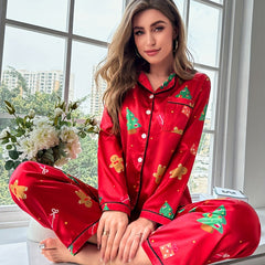 Christmas Print Pajama Set Long Sleeve Top & Elastic Pants Women's Sleepwear