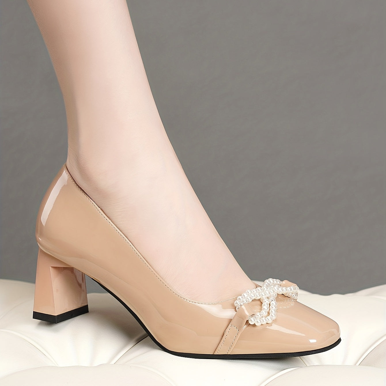 Faux Pearl Chunky Heels Square Toe Pumps