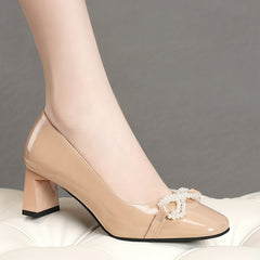 Faux Pearl Chunky Heels Square Toe Pumps
