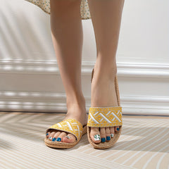 Women's Flat Linen Slides Breathable Open Toe Slip On Shoes