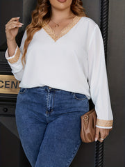 Colorblock Lace Long Sleeve V Neck Casual Blouse