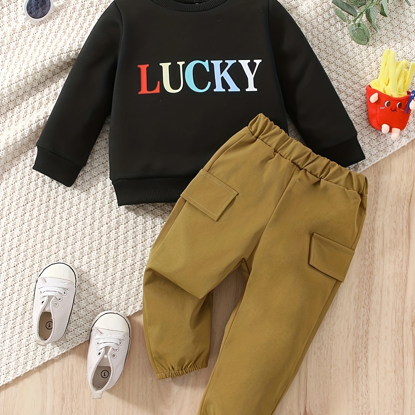 Baby Boy's LUCKY Print Outfit 2pcs Sweatshirt & Cargo Pants Set Infant's Clothes
