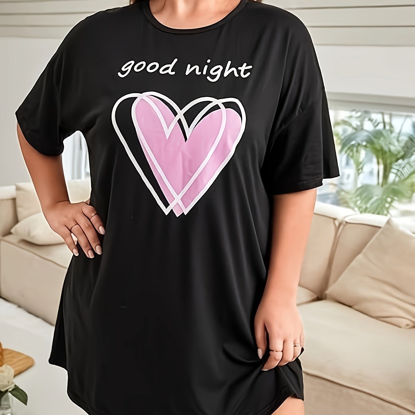 Nightdress Women's Plus Slogan & Heart Print Sleep Dress