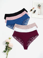 6pk Plus Size Sexy Panties Set Women's Contrast Lace Trim Stretch Briefs