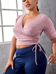 Heathered Drawstring Short Sleeve Sports Crop Top