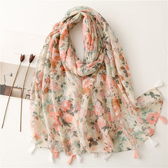 Women's Linen Pink Floral Print Fringe Scarf