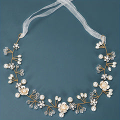 Flower Faux Pearl Crystal Headband Ribbon Wedding Bridal Jewelry