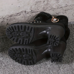 Plush Heeled Ankle Boots with Rhinestone Decor Side Zipper Thermal Chunky Heels