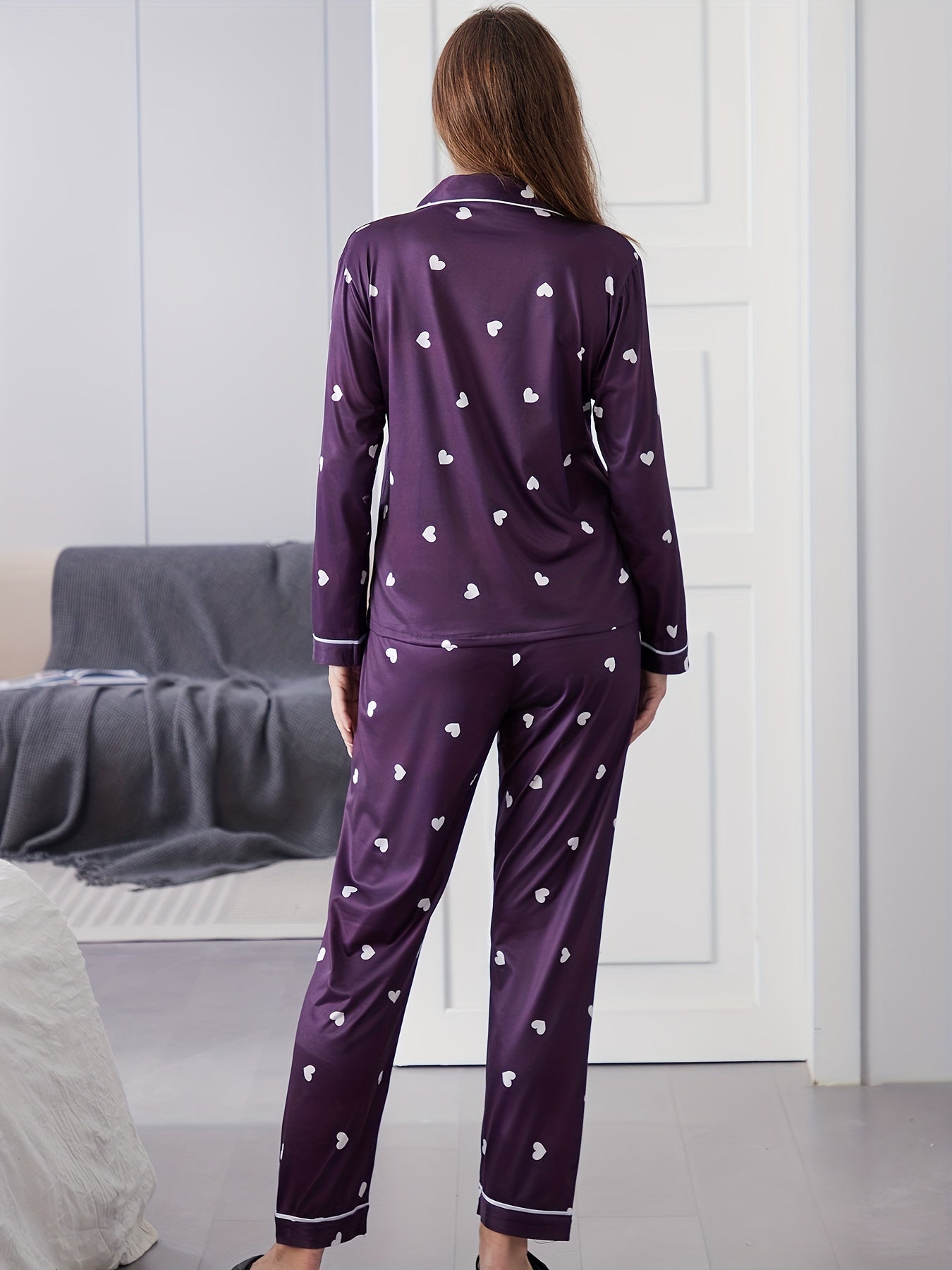Heart Print Pajama Set Long Sleeve Button Top & Pants
