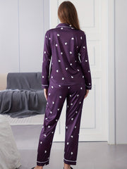 Heart Print Pajama Set Long Sleeve Button Top & Pants