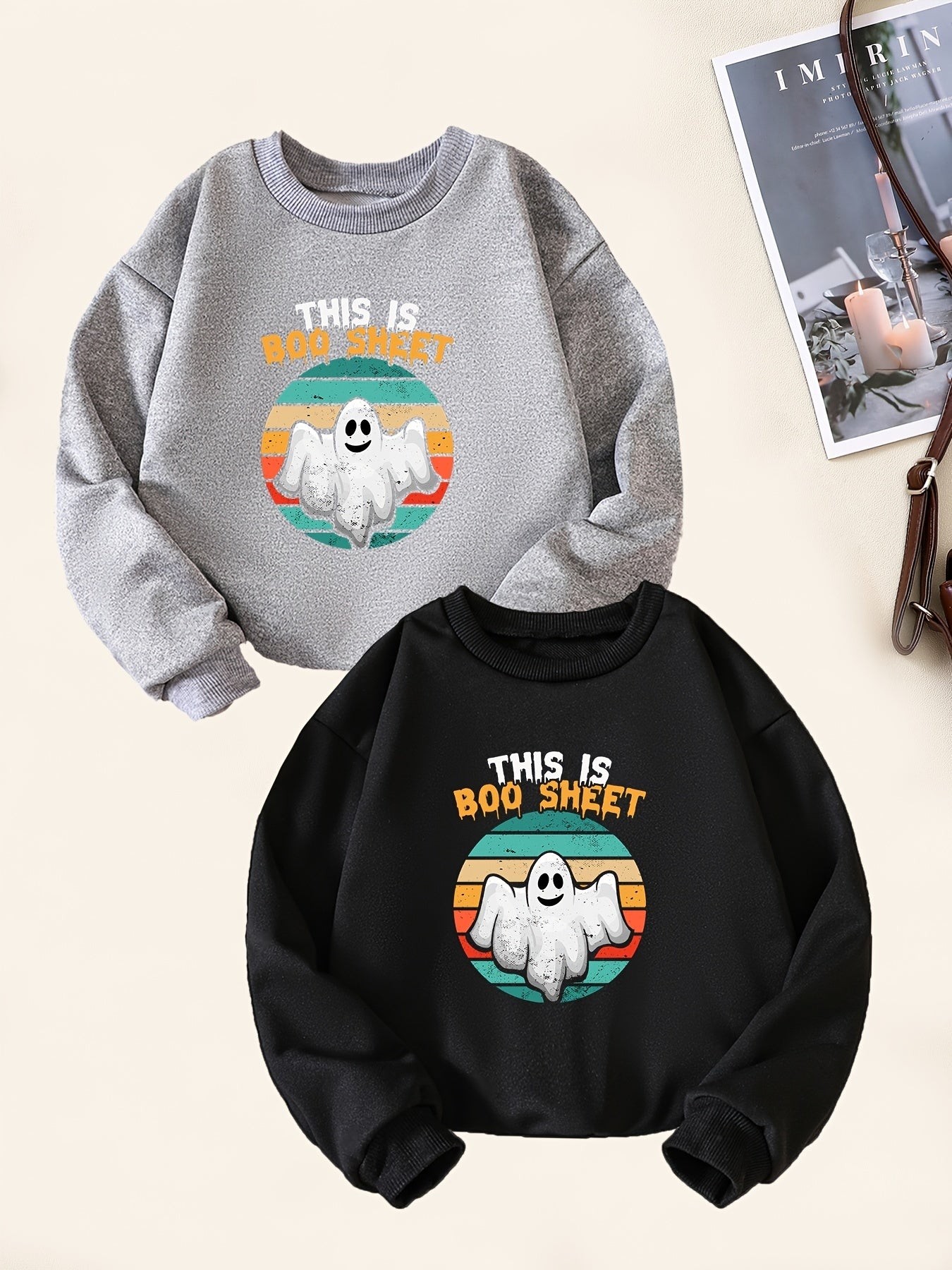 2pcs Halloween Boo Print Boys Pullover Sweatshirt Crew Neck Tops Kids Clothing
