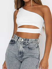 One Shoulder Sleeveless Crop Top Casual Women's Clothing