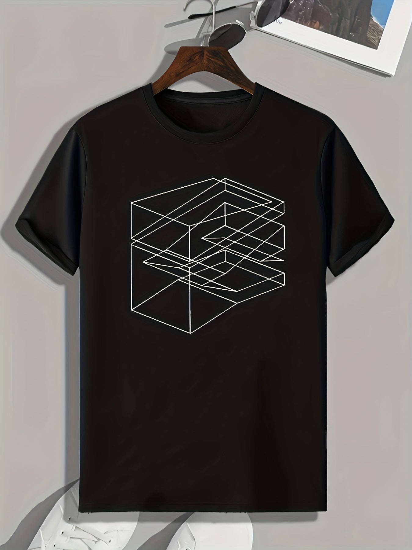 Men's Complex Cube Print Comfy T-shirt for Outdoor Summer