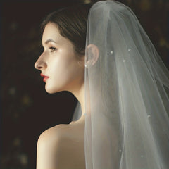 Double Layer Bridal Veil Faux Pearl Beads Mesh Head Piece Wedding