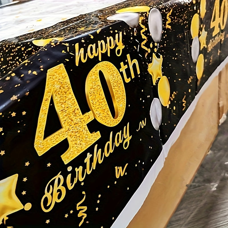 Golden Happy 40th Birthday Tablecloth With Balloons Star Print