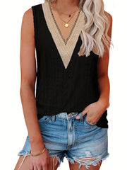 Lace Eyelet Top V Neck Sleeveless Top Women's Clothing