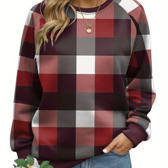 Plaid Pattern Crew Neck Sweatshirt for Women