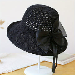Bow Decor Bucket Hat Hollow Crochet Breathable Basin Hat Sun Hat