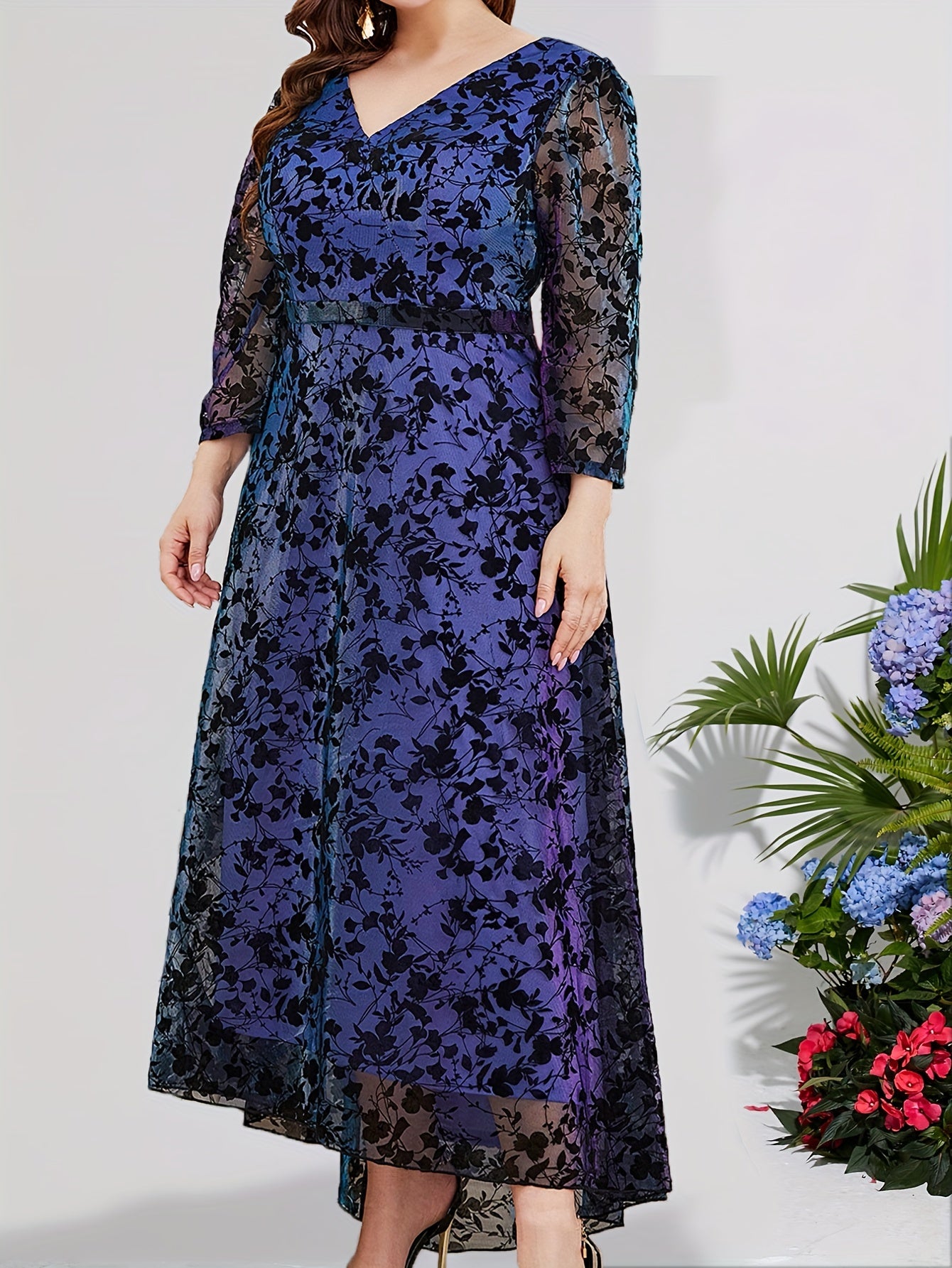 Floral Embroidered V Neck Maxi Dress