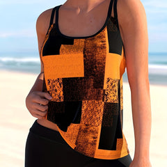 Modest Tankini Set Women's Plus Patchwork Print Round Neck