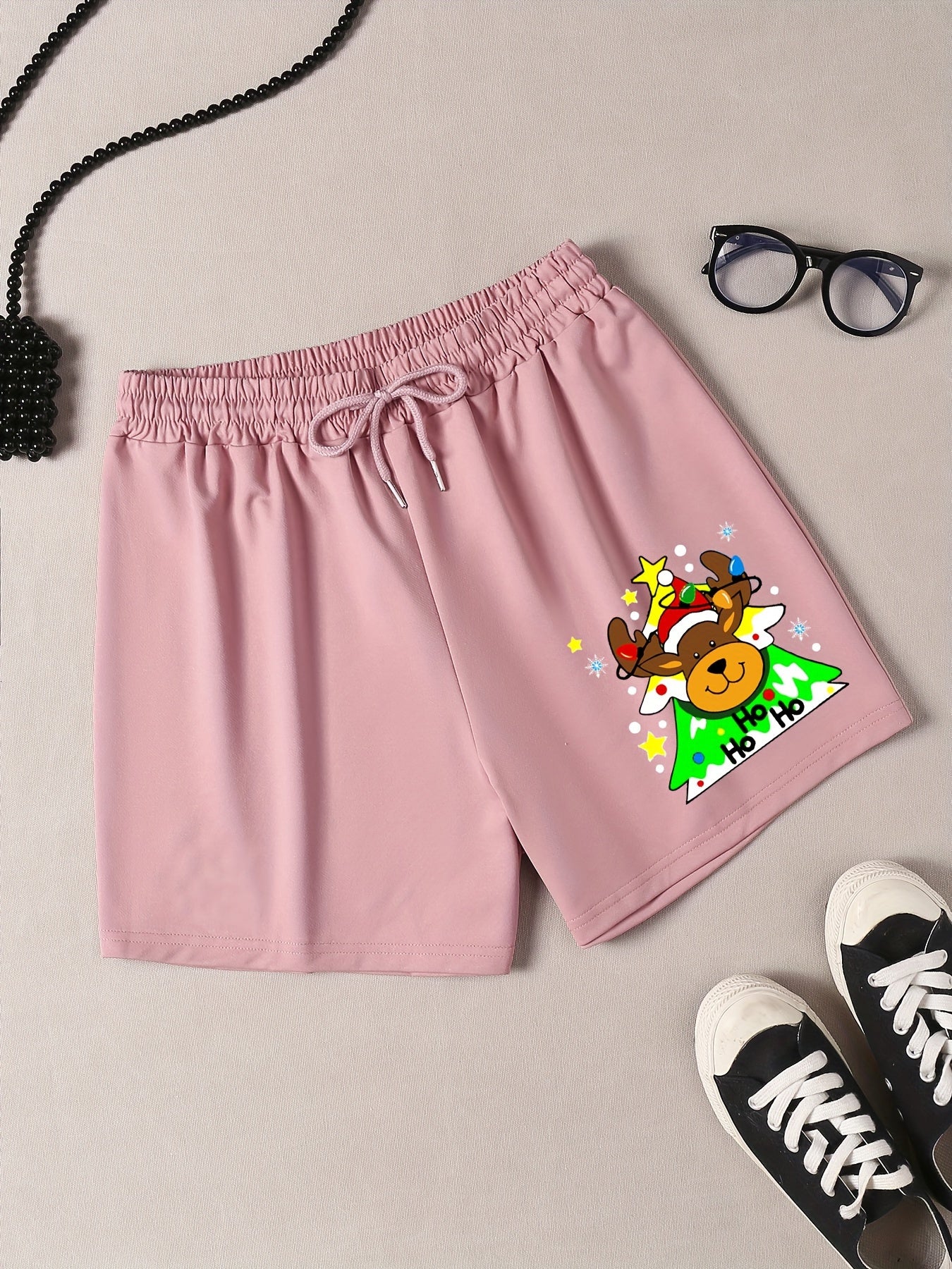 Reindeer & Snowflake Print Drawstring Shorts