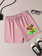 Reindeer & Snowflake Print Drawstring Shorts