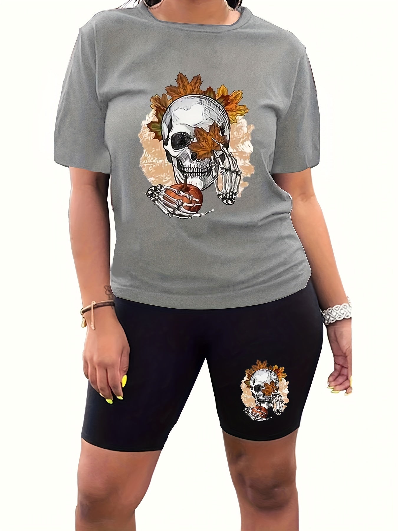 Halloween Skull & Maple Leaf & Pumpkin Print Top & Biker Shorts Set