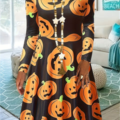 Women's Plus Allover Print Long Sleeve Round Neck A line Dress