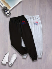 2 Pack Plus Size Sports Pants Women's Plus Letter & Star Print Elastic Waist Dra