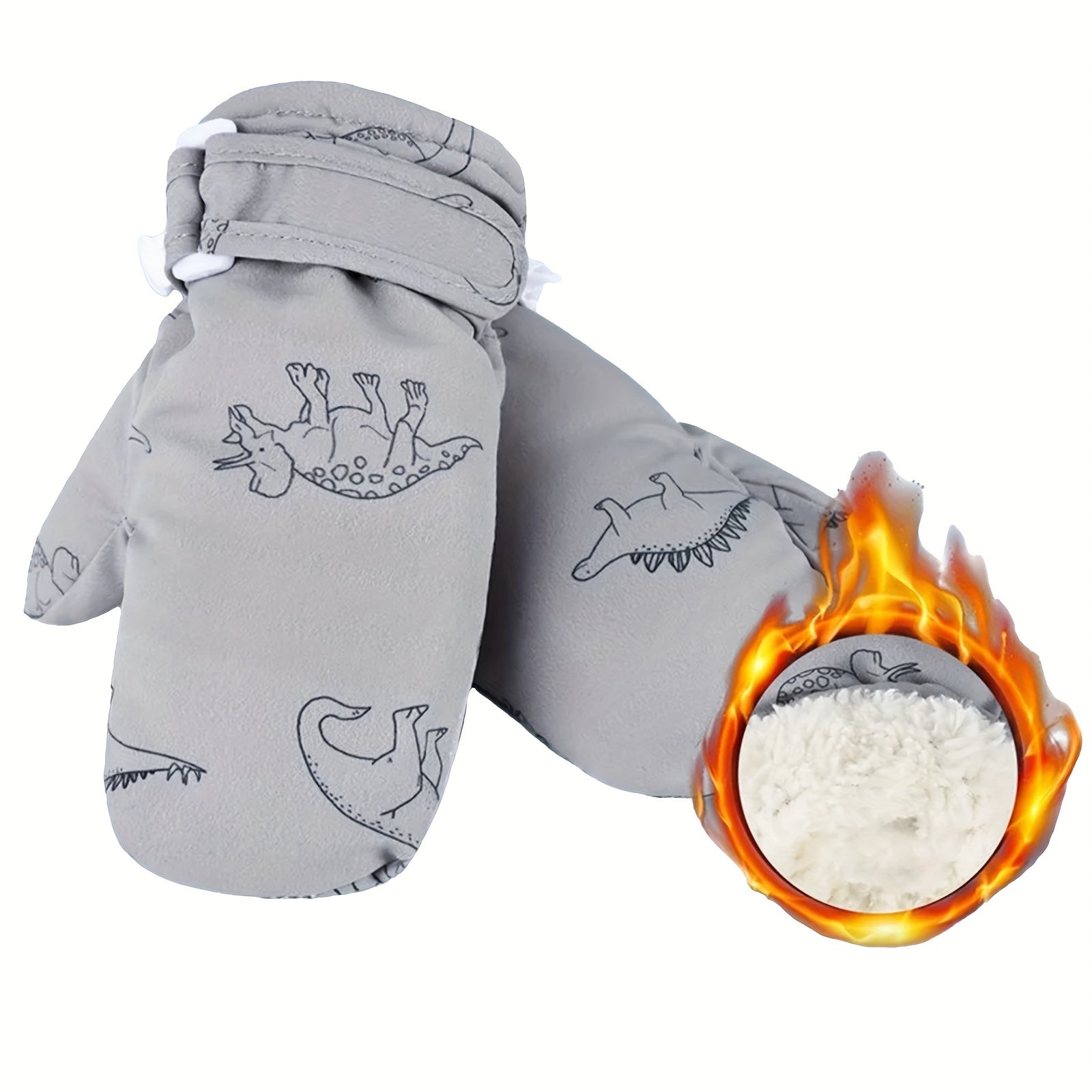 Kids Winter Dinosaur Skiing Mittens Plush Cartoon Warm Gloves
