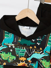 Boys Dino Pattern 2pcs Hoodie & Sweatpants Set for Spring